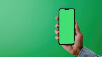ai generado mano participación teléfono inteligente demostración verde pantalla móvil aplicación anuncio y emocionado foto