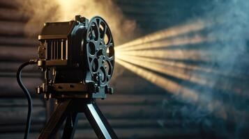 AI generated film projector on a wooden background with dramatic lighting and selective focus photo