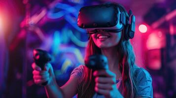 AI generated Girl in vr glasses holds joysticks in her hands photo