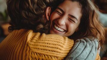 AI generated Happy friends who haven't seen each other for long time are hugging during meeting at home. Male and female best friends photo