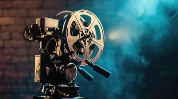 AI generated film projector on a wooden background with dramatic lighting and selective focus photo