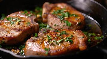 AI generated Pork chops cooked with garlic in a cast iron pan photo