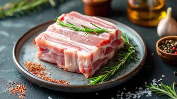 AI generated Raw pork belly on a plate photo