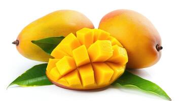 AI generated Ripe yellow Mango with cut in half and green leaf isolated on white background. photo