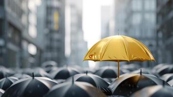 AI generated Gold umbrella on top of other gray umbrellas on city background. Business and safety concept photo