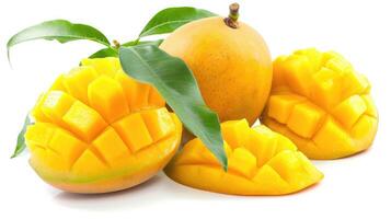 AI generated Ripe yellow Mango with cut in half and green leaf isolated on white background. photo