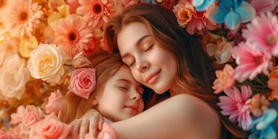 AI generated Happy Mother and Daughter Enjoying Quality Time Together. Joyful Mom Embracing Her Daughter Surrounded by Flowers. Heartwarming and Emotionally Resonant for Mother's Day photo