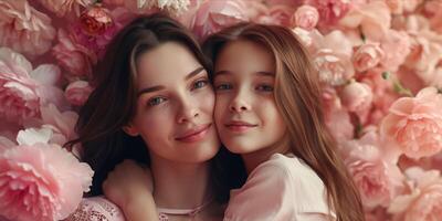 AI generated Happy Mother and Daughter Enjoying Quality Time Together. Joyful Mom Embracing Her Daughter Surrounded by Flowers. Heartwarming and Emotionally Resonant for Mother's Day photo