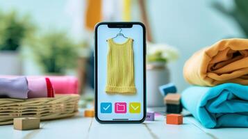 AI generated Smartphone with Clothes on Screen. Online shopping on Mobile Application or Website, Digital Marketing photo