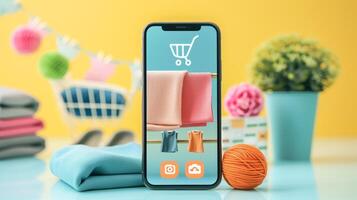 ai generado teléfono inteligente con ropa en pantalla. en línea compras en móvil solicitud o sitio web, digital márketing foto