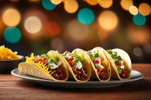 AI generated Delicious Mexican food tacos are served with the bokeh background on a certain event or occasion photo