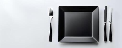 AI generated An empty square shape plate along with fork is presented on a white background photo
