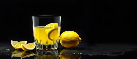 AI generated Fresh glass of lemon juice is served on a dark background during summer photo