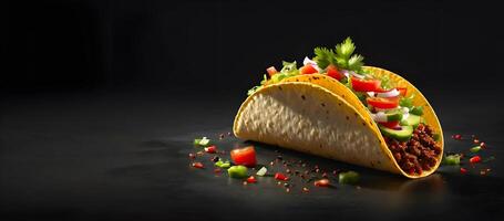 AI generated Delicious Mexican food taco is presented on dark background photo