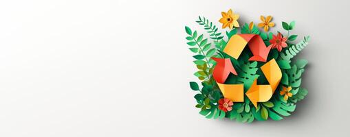 AI generated Green Recycle Symbol on White Background. Recycling Sign for World Protection, Ecological Environment, Zero Carbon Dioxide Emissions photo