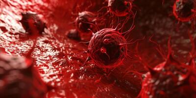 ai generado horrible rojo cáncer células enfermedad extensión en un Organo dentro humano cuerpo. cáncer tratamiento, cáncer oncología, creciente tumor células foto
