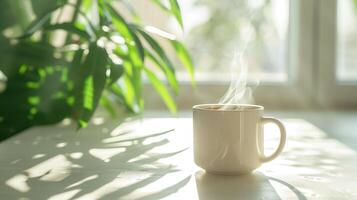 AI generated A white mug with steam on a table, backlit by sunlight creating a cozy atmosphere, with a blurred green plant in the background, conveying warmth and relaxation photo