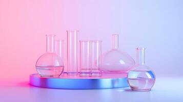 AI generated Empty podium glass with glass geometric platform. science laboratory test tubes, chemical laboratory equipment. Research and develop cosmetic in lab. photo