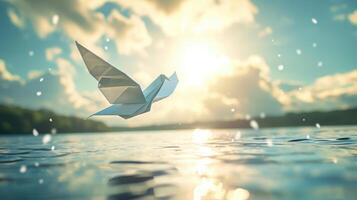 AI generated Peace concept. Conceptual photos to show the Freedom of White Origami Dove or Pigeon Flew from the Water into the Sky.