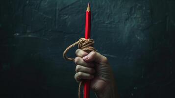 AI generated Hand with red pencil tied with rope, depicting the idea of freedom of the press or freedom of expression on dark background in low key photo