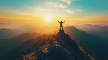 AI generated Copy space of man rise hand up on top of mountain and sunset sky abstract background. Freedom and travel adventure concept. photo