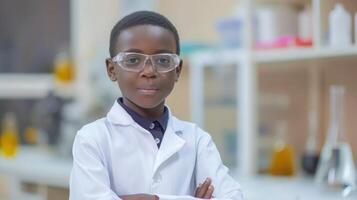 ai generado retrato de africano estudiante en laboratorio Saco uniforme brazo cruzado vistiendo la seguridad lente en laboratorio, foto