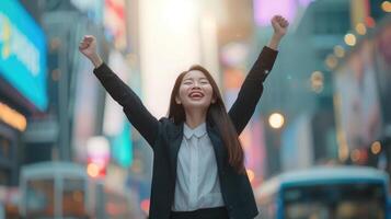 AI generated Young excited confident proud Asian business woman winner wearing suit standing on street, raising hands, feeling power, photo