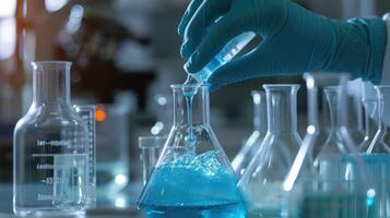 AI generated Scientist pouring light blue liquid from flask into beaker in laboratory, closeup photo