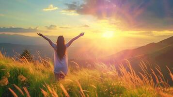AI generated Carefree Happy Woman Enjoying Nature on grass meadow on top of mountain cliff with sunrise. photo