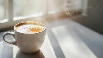 AI generated A steaming cup of coffee with a creamy froth on top rests on a wooden surface in bright, natural light near a window, suggesting a cozy morning or a relaxing break photo