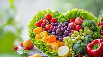 ai generado nutricional comida para corazón salud bienestar por colesterol dieta y sano nutrición comiendo con limpiar frutas y vegetales en corazón plato foto