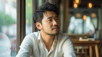 AI generated Asian handsome man sitting happily looking out of the window in a cafe. Concept freelance and financial freedom. photo