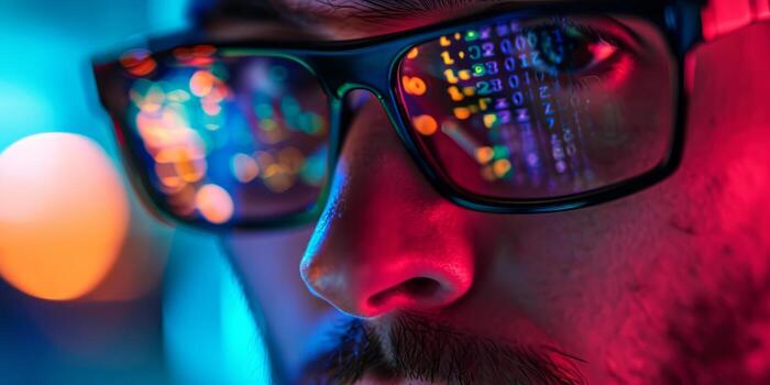 ai generado cerca arriba Disparo de hombre vistiendo lentes reflejando de programación código. software ingeniero, programador, ciber seguridad foto
