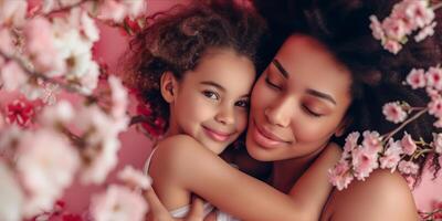 AI generated Happy Mother and Daughter Enjoying Quality Time Together. Joyful Mom Embracing Her Daughter Surrounded by Flowers. Heartwarming and Emotionally Resonant for Mother's Day photo