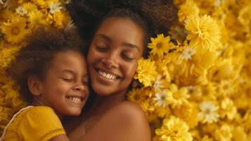 AI generated Happy Mother and Daughter Enjoying Quality Time Together. Joyful Mom Embracing Her Daughter Surrounded by Flowers. Heartwarming and Emotionally Resonant for Mother's Day photo