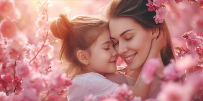 AI generated Happy Mother and Daughter Enjoying Quality Time Together. Joyful Mom Embracing Her Daughter Surrounded by Flowers. Heartwarming and Emotionally Resonant for Mother's Day photo