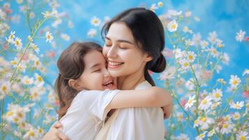 AI generated Happy Mother and Daughter Enjoying Quality Time Together. Joyful Mom Embracing Her Daughter Surrounded by Flowers. Heartwarming and Emotionally Resonant for Mother's Day photo