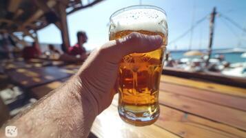 ai generado un del hombre mano participación un vaso de cerveza primero persona vista. colgar afuera, fiesta celebracion foto