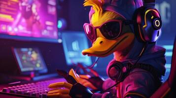 ai generado 3d Pato mascota deporte jugador. hombre pato juego de azar personaje fondo, deporte equipo ilustración foto