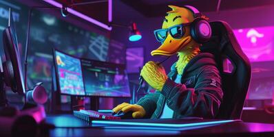 ai generado 3d Pato mascota deporte jugador. hombre pato juego de azar personaje fondo, deporte equipo ilustración foto