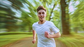 ai generado retrato de un joven masculino corriendo en un parque. ajuste hombre disfrutando atlético actividad y al aire libre rutina de ejercicio ejercicio para sano vida foto