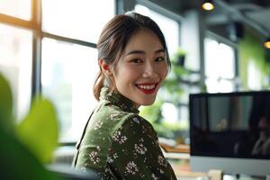 AI generated Happy Asian Woman Works in Modern Office. Beautiful Businesswoman Working on Financial, Marketing, and Analysing Data Statistics photo