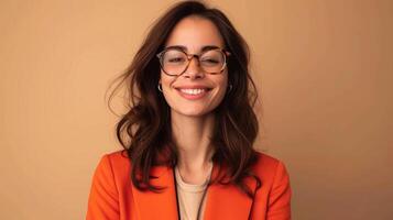 AI generated Close up young fun happy successful employee business woman corporate lawyer 30s wearing classic formal orange suit glasses work in office look camera isolated photo