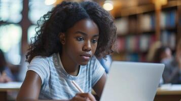 AI generated University Library  Gifted Black Girl uses Laptop, Writes Notes for the Paper, Essay, Study for Class Assignment photo