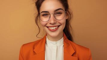 AI generated Close up young fun happy successful employee business woman corporate lawyer 30s wearing classic formal orange suit glasses work in office look camera isolated photo