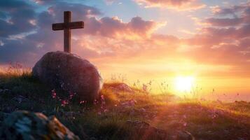 AI generated Good Friday concept Empty tomb stone with cross on meadow sunrise background photo