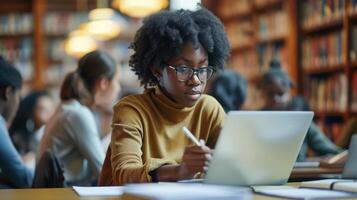AI generated University Library  Gifted Black Girl uses Laptop, Writes Notes for the Paper, Essay, Study for Class Assignment photo