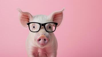 ai generado frente de un cerdo vistiendo lentes en un rosado antecedentes. foto