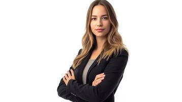 AI generated Caucasian successful confident young businesswoman ceo boss bank employee worker manager with arms crossed in formal wear isolated in white background photo
