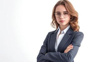 ai generado caucásico exitoso confidente joven mujer de negocios CEO jefe banco empleado trabajador gerente con brazos cruzado en formal vestir aislado en blanco antecedentes foto